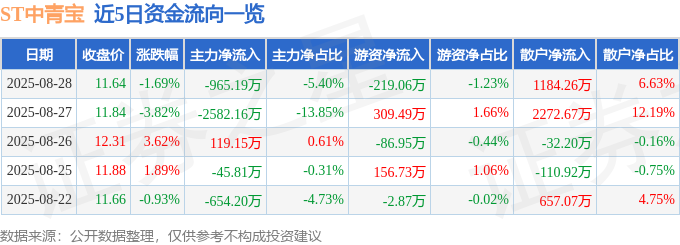 股票行情快报：ST中青宝（300052）8月28日主力资金净卖出96519万元