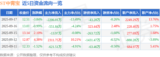 ST中青宝（300052）9月17日主力资金净卖出220601万元