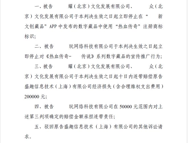《热血传奇》数字藏品商标维权案一审宣判盛趣游戏胜诉