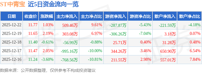 股票行情快报：ST中青宝（300052）12月22日主力资金净买入50946万元